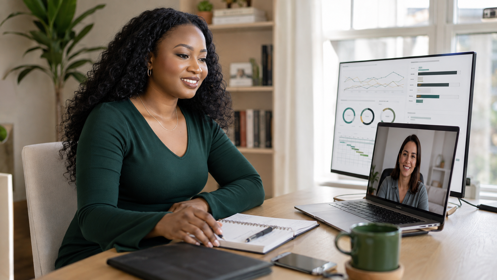 Tosin in a green outfit leading a natural online strategy session with a client and project analytics